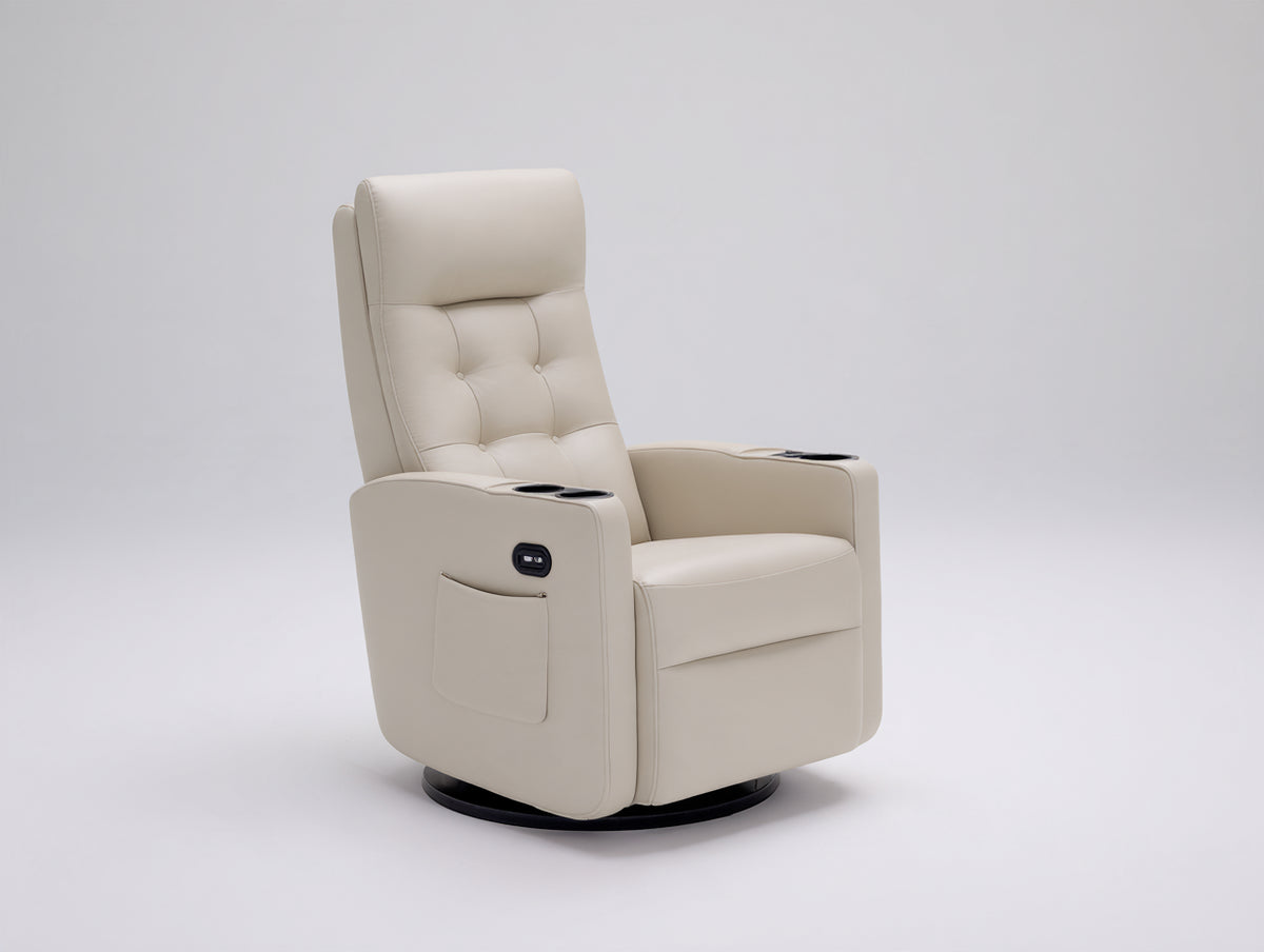 Sillón reclinable 88x92x110 cm - beige claro - tapizado liso con respaldo alto portavasos y base giratoria