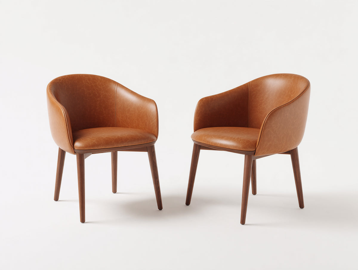 Sillas de comedor de cuero sintético y madera 59x58x82 cm - Marrón claro-Nogal - Juego de 2 con respaldo envolvente y reposabrazos