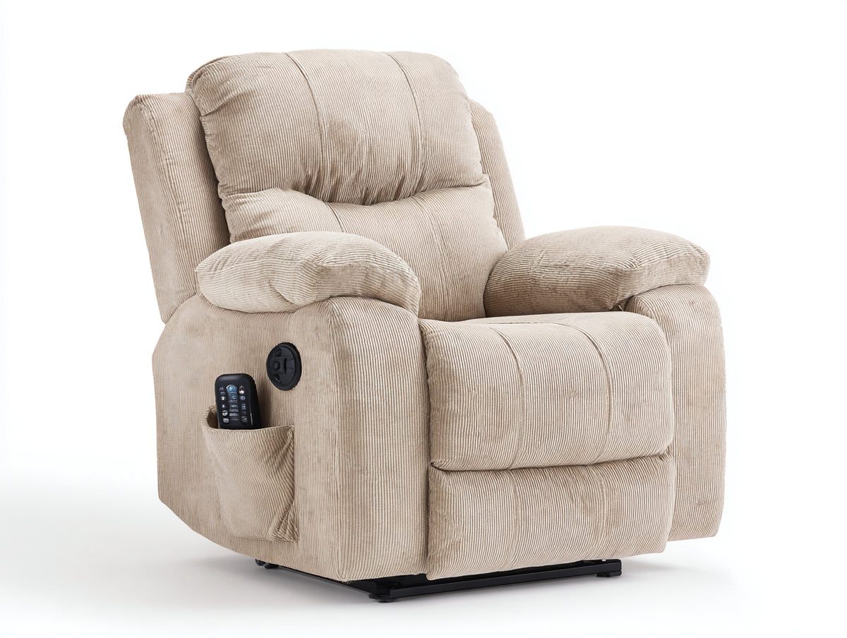 Sillón reclinable tapizado en pana 90x96x110 cm - Beige-Negro - Respaldo alto con mando y diseño moderno