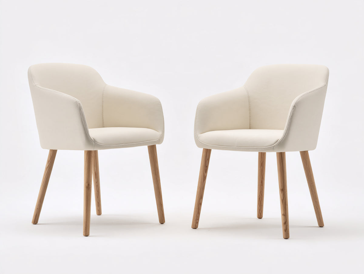 Sillas de comedor tapizadas en cuero sintético y madera 58x60x82 cm - Beige claro-Madera natural - Diseño moderno con reposabrazos