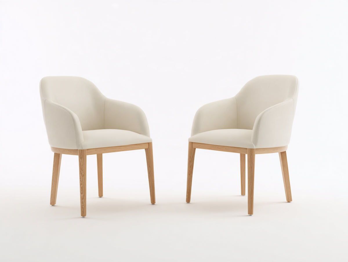 Sillas de comedor 58x60x82 cm - beige claro y madera - conjunto de 2 tapizadas con reposabrazos y respaldo curvo