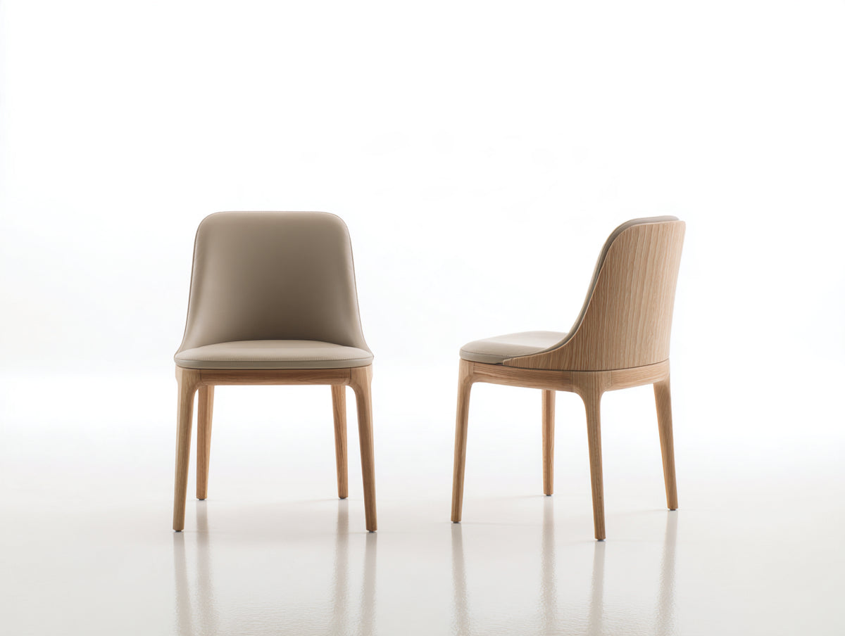 Sillas de comedor de madera y cuero sintético 48x55x86 cm - Beige-Madera natural - Diseño moderno de respaldo curvado