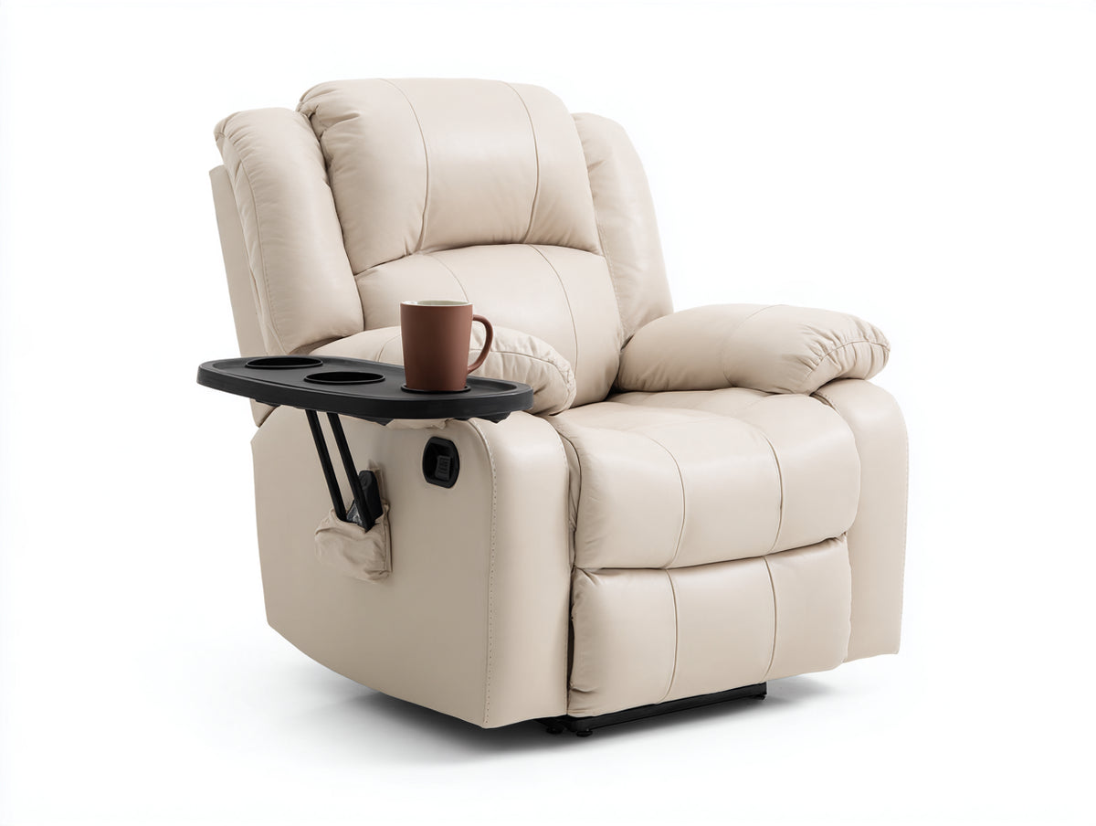 Sillón reclinable tapizado en cuero sintético 98 x 96 x 108 cm - Beige - Bandeja lateral con portavasos