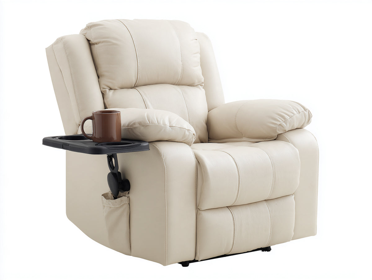 Sillón reclinable tapizado en cuero sintético 100x95x108 cm - Crema y negro - Bandeja lateral portavasos y reposapiés extensible