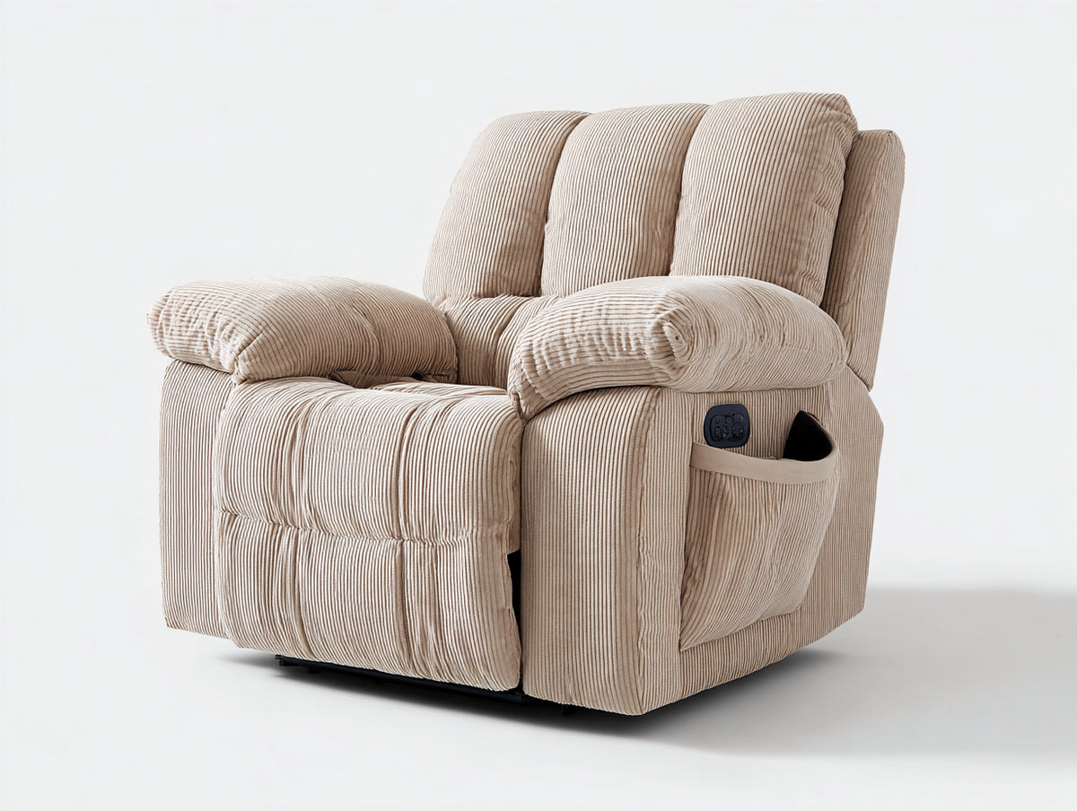 Sillón reclinable tapizado en tejido acanalado 95x90x105 cm - Beige - Reposapiés extensible y bolsillo lateral