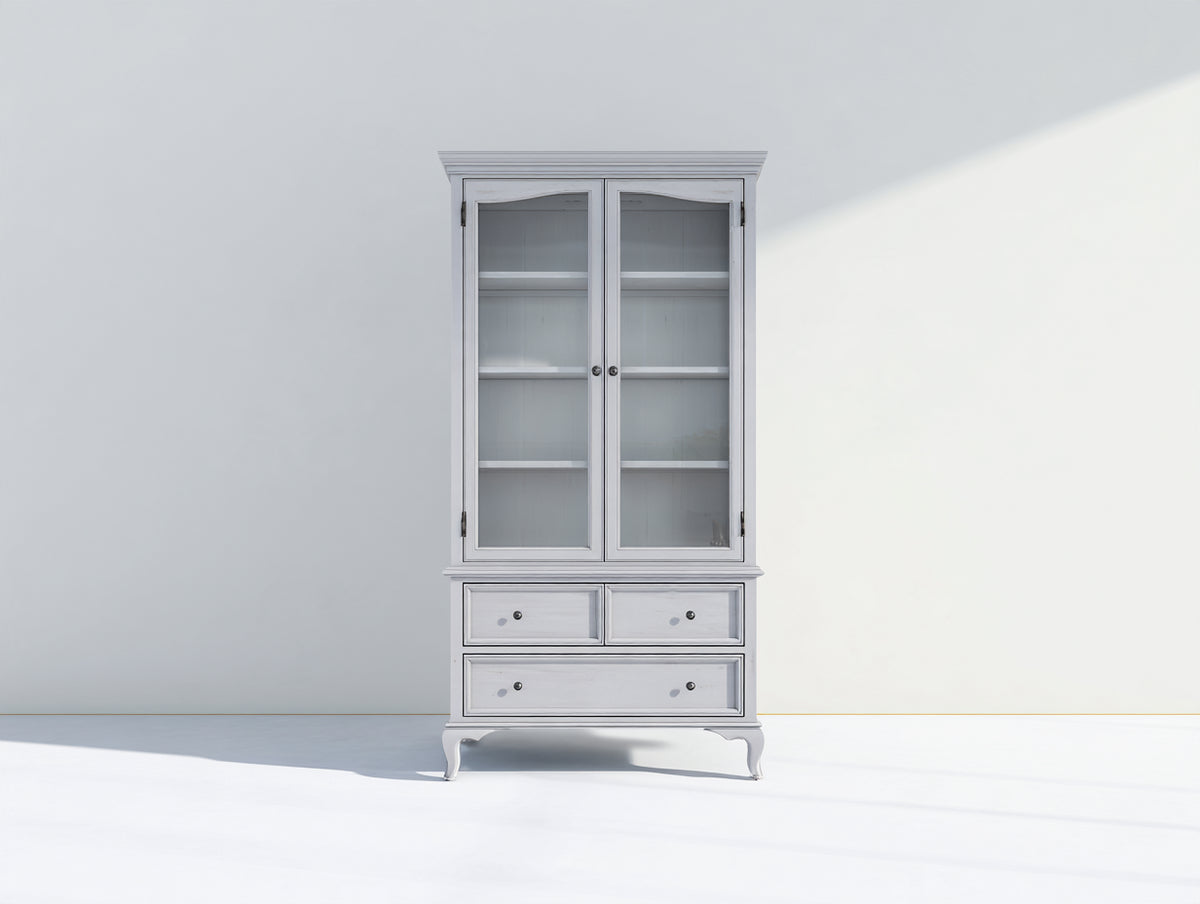 Vitrina de 2 puertas madera de ingeniería y vidrio 95x45x190 cm - Blanco envejecido y plateado - 4 niveles y 3 cajones